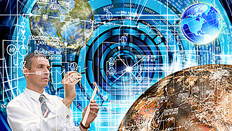 Collage of a person with futuristic interface and globe, symbol image for product development