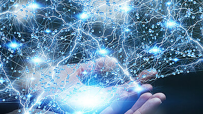 Digital network of glowing dots and lines, symbol image for digitalization
