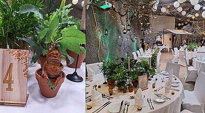 Die Tische beim Harry Potter Motto Hochzeit wurden mit vielen Pflanzen geschmückt und mit Figuren aus dem Film ergänzt.