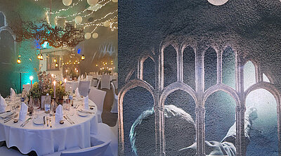 Bei diesem Harry Potter Motto Hochzeit hingen verknorzte Haselnuss Bäume mit Laternen von der Decke und Harry Potter Video Ausschnitte wurden auf die Wände projeziert.