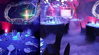 Beim diesem Star Wars Hochzeit gab es an den Wänden Projektionen mit Light-Sabre-Schwertern und Bodennebel sorgte für eine ganz spezielle Athmosphäre.